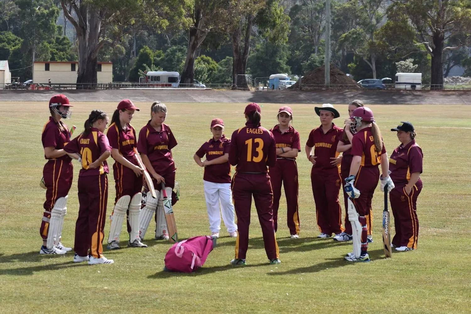 Cricket team in discussion on field