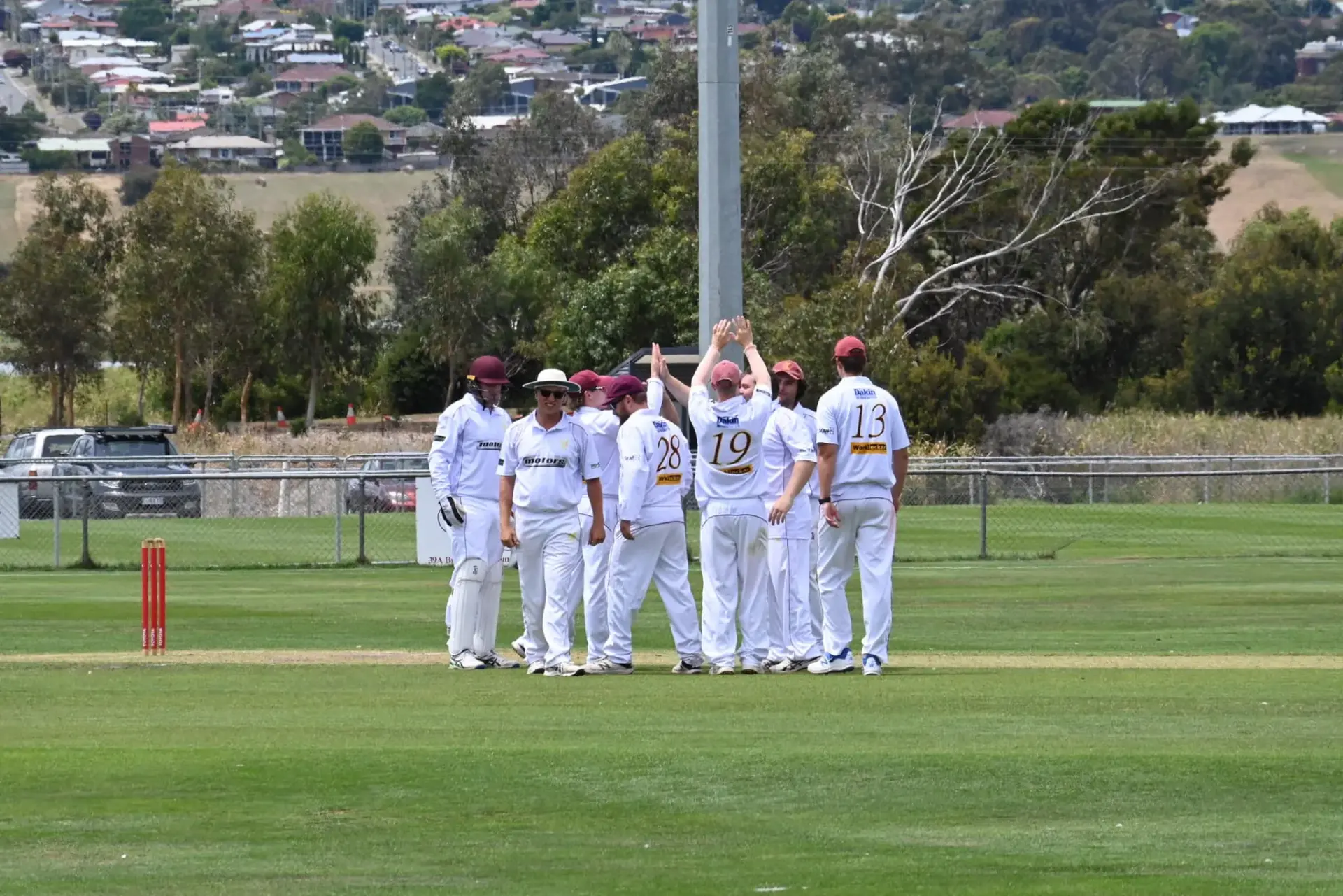 Cricket team celebrating a wicket onfield